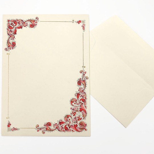Italian Stationery Letter Writing Set in Portfolio ~ 10 sheets + 10 envelopes ~ Red Florentine